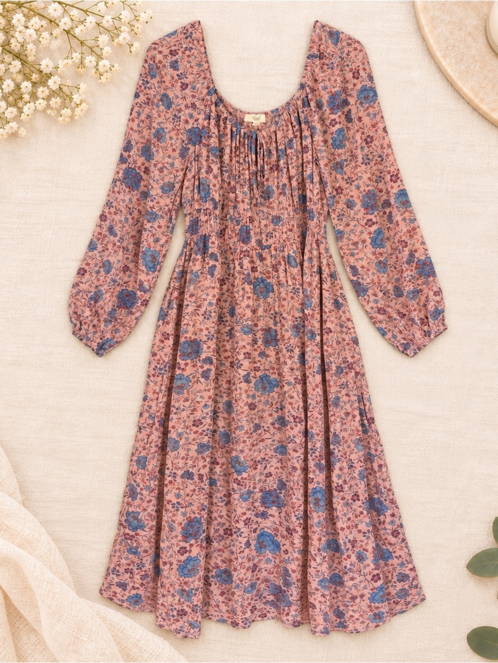 Easel Los Angeles Pink Blue Floral Boho Maxi Dress Size L